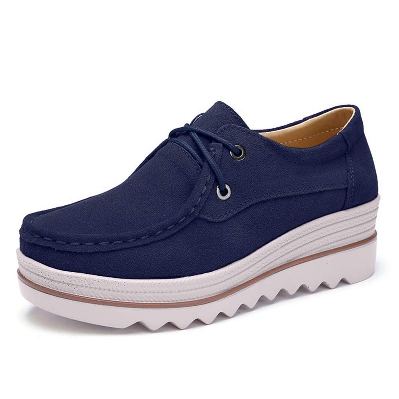 Ruiatoo Women Platform Lace Up Loafers Comfort Genuine Suede Wedge Shoes Low Top Moccasins (3089,Deep Blue 36) - Image 1